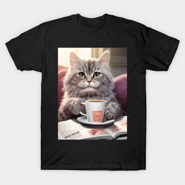 Caffeinated Whiskers: Kitty's Cozy Morning T-Shirt by vk09design